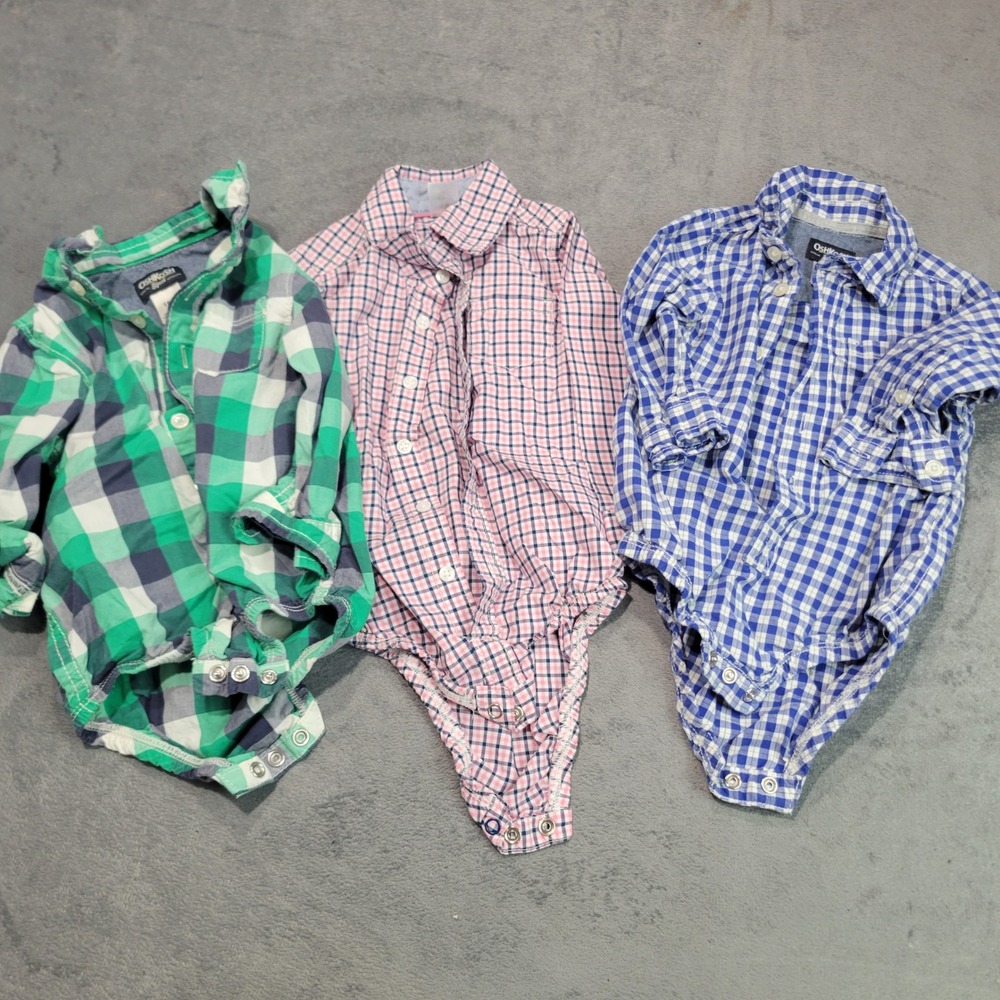 OshKosh Bodysuit Lot Boys 18M Blue Pink Green Plaid Gingham Button Down 3pc Set